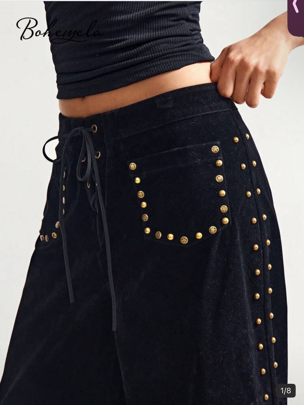 Boheme Black Wide-Leg Studded Lace-Up Pants